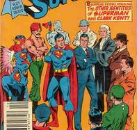 Superman's various aliases as seen on the cover of Best of DC No. 8, Nov/Dec 1980.